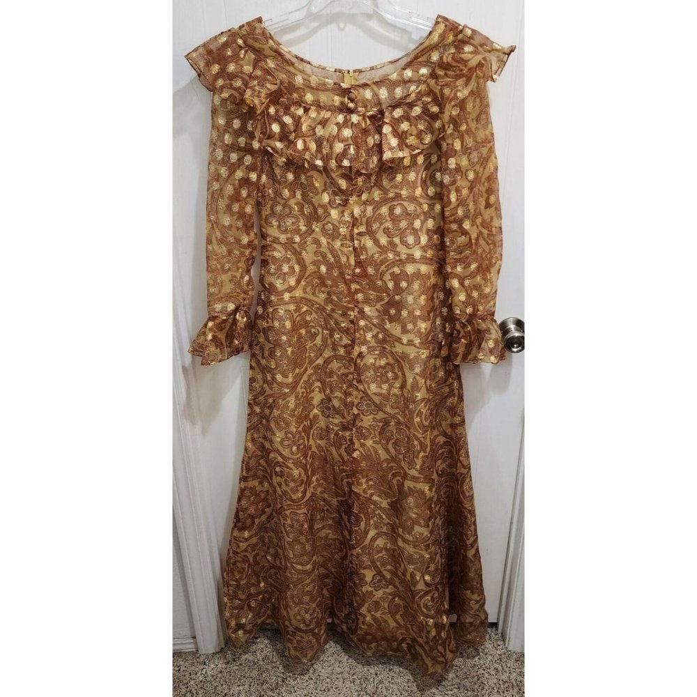 Vintage 60/70's Oscar De La Renta Boutique Ruffle Hem Dress Gold Union Made Sz 8